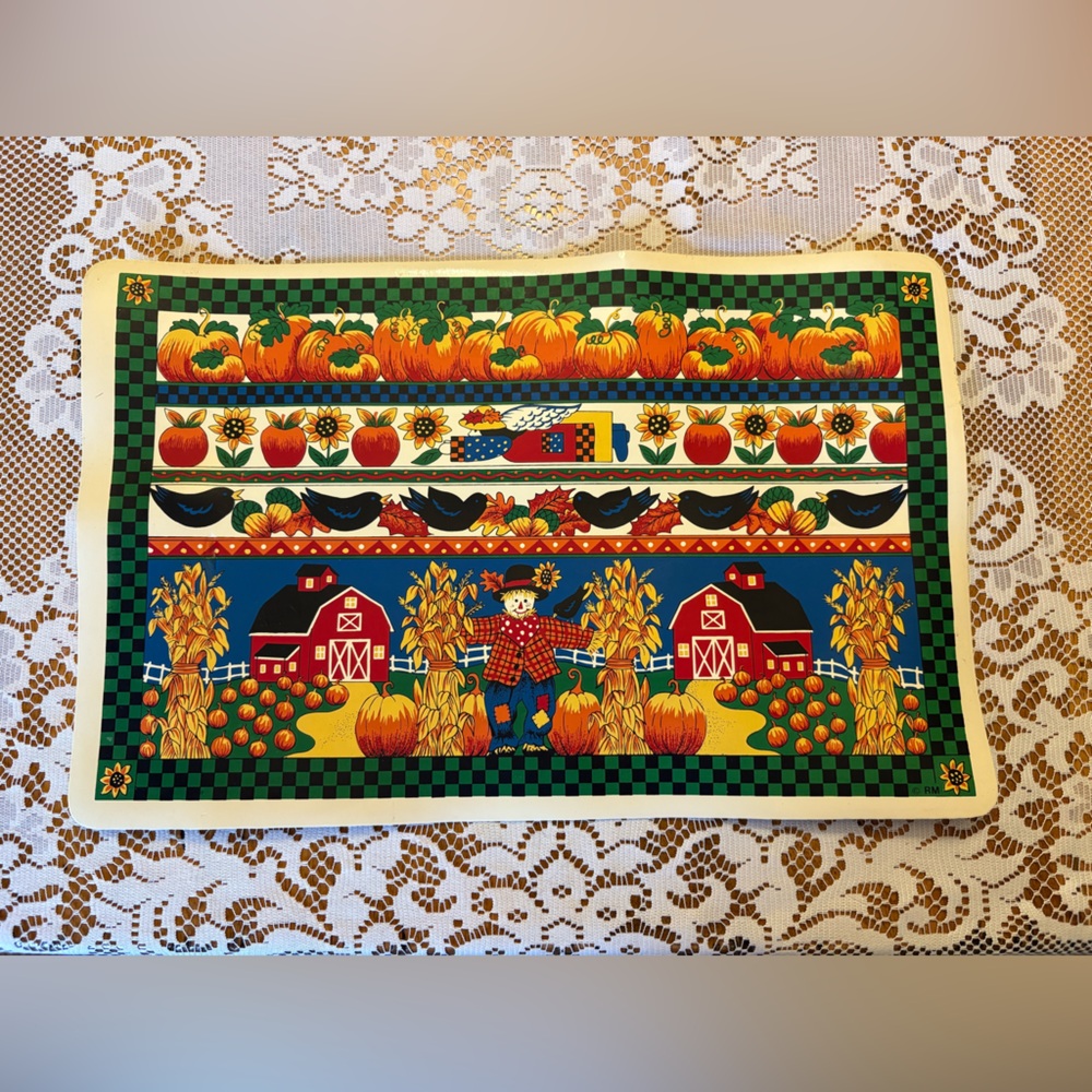 Vintage Fall Farmhouse Placemats Set of 4 Pumpkins Barns Scarecrows Country 90s